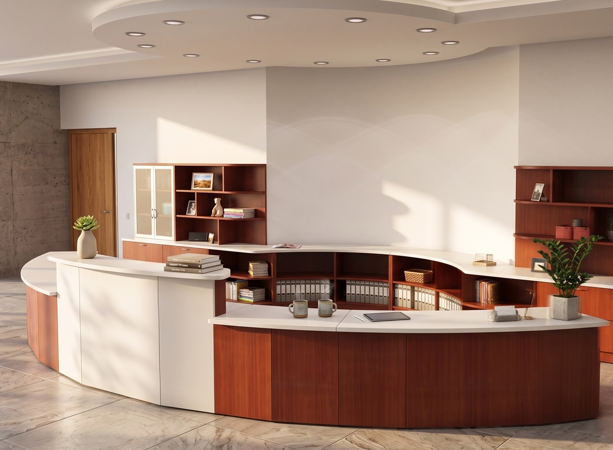 Custom Curved Reception — White & Shiraz Cherry